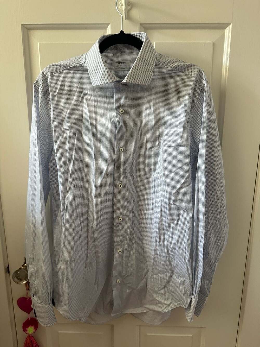 Gutteridge Blue Dot Print Spread Collar Stretch Dress Shirt - Men
